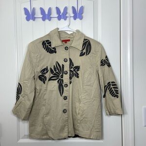 Vintage‎ Joni B women’s tan black embroidered leaf floral button collared jacket